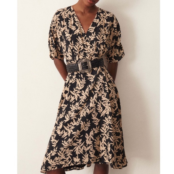 ba&sh Tabby Dress | Black/Beige Leaf Print | Size 1 (Small/US 4) - Picture 2 of 16